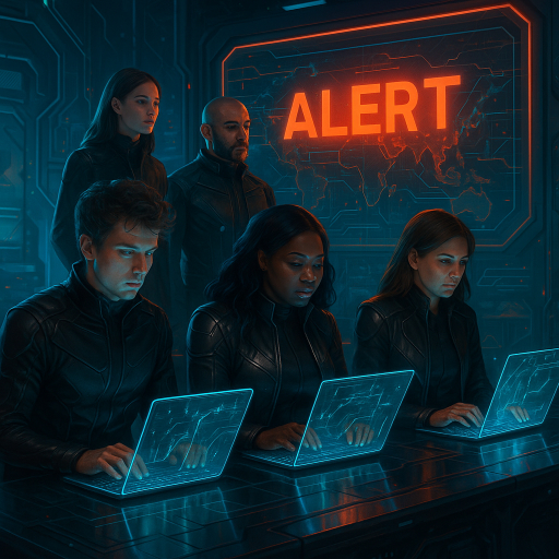 Three individuals on laptops with an Alert image behind them