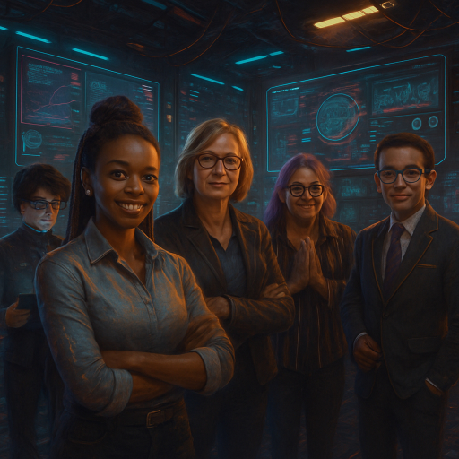 Image of AetherForge employees standing in front of computer screen images
