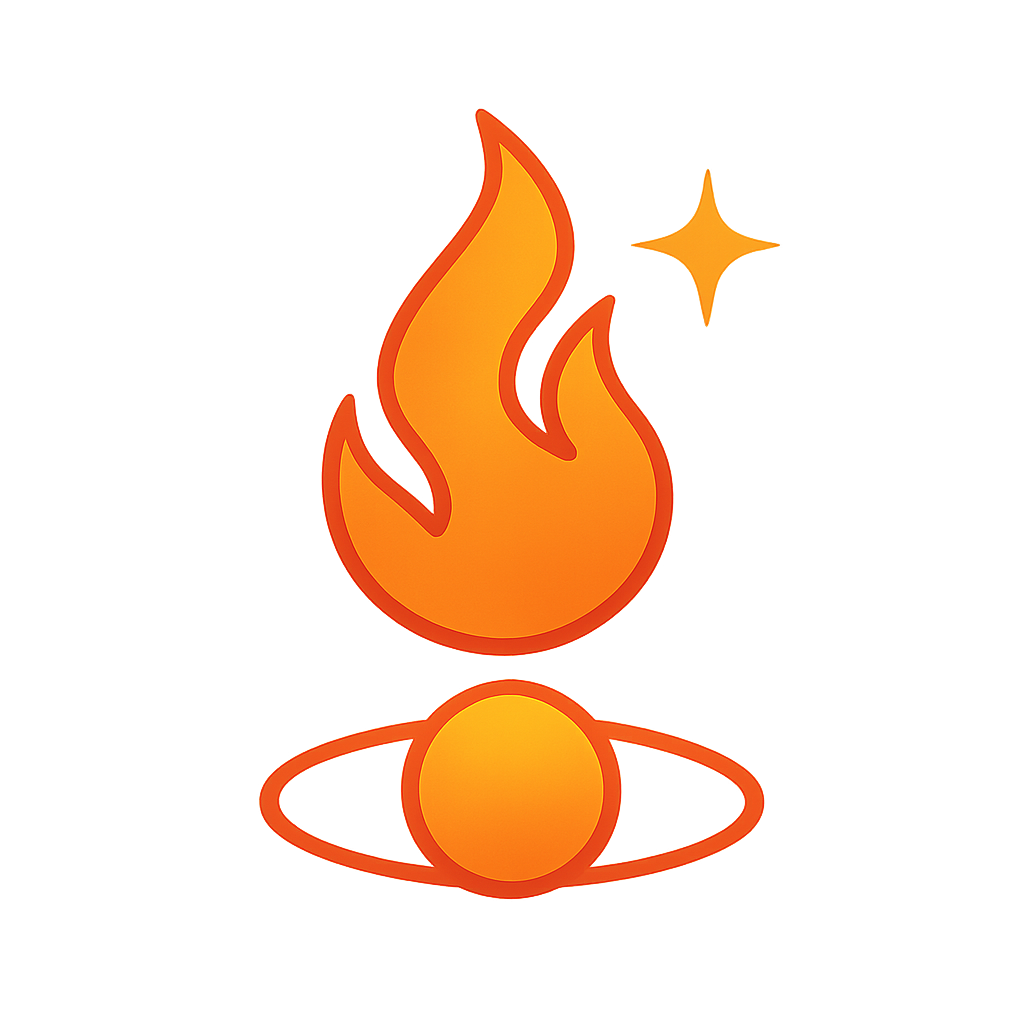 An image of a flame above an atom or a planet with rings to signify Aether