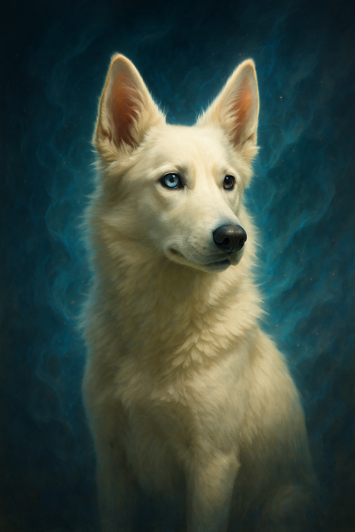 Courage the dog sitting with a blue background