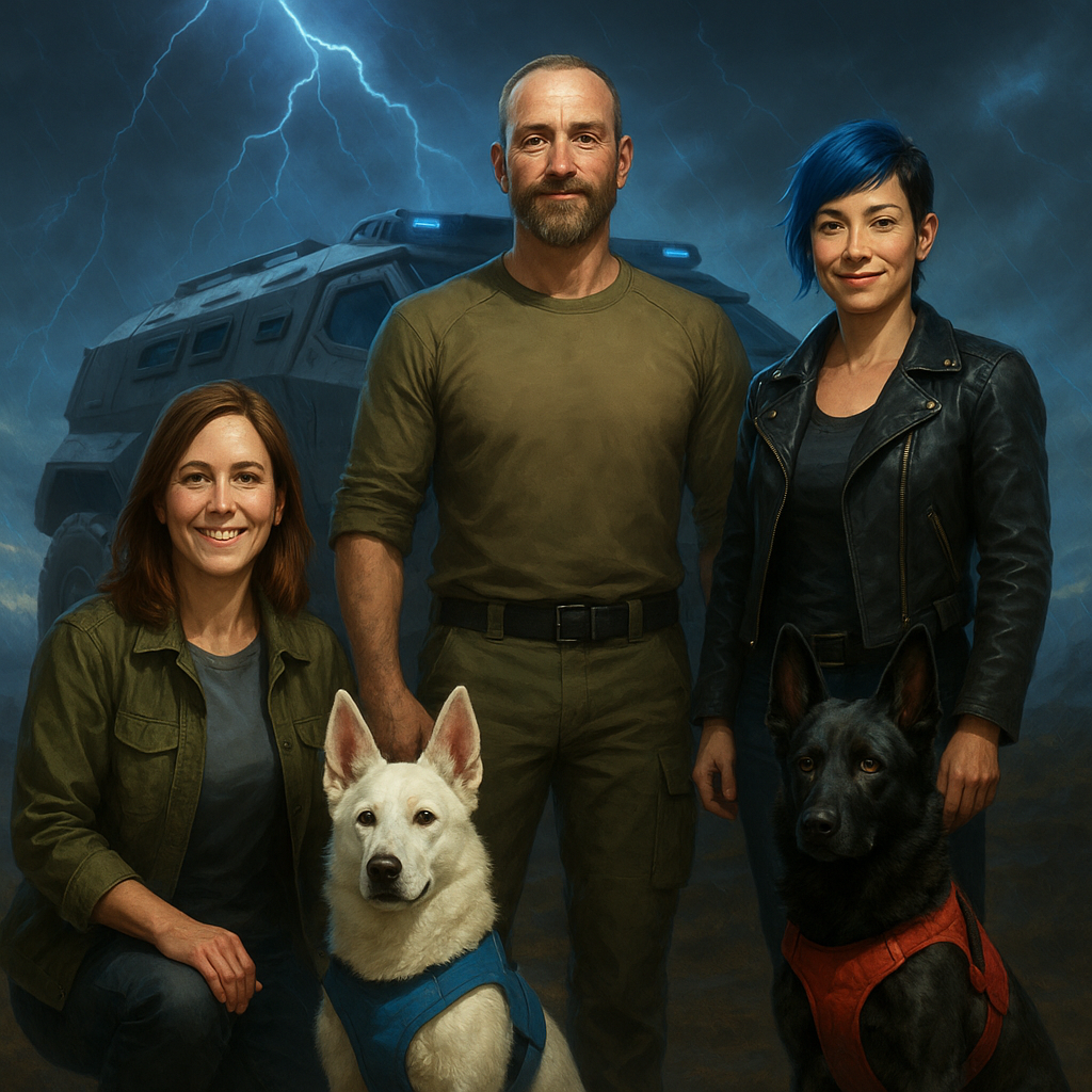 Three people with two dogs looking at camera 