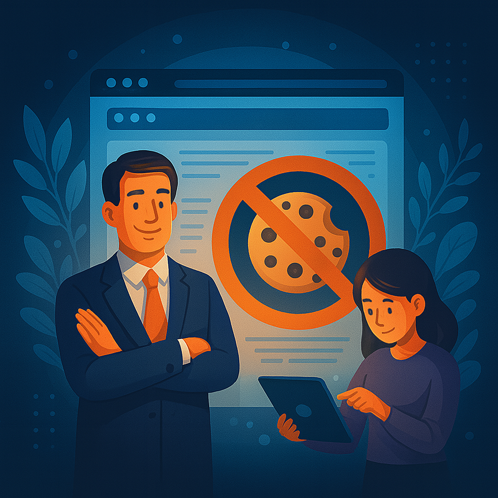 Image of people standing in front of a no cookies image depicting we do not use cookies.