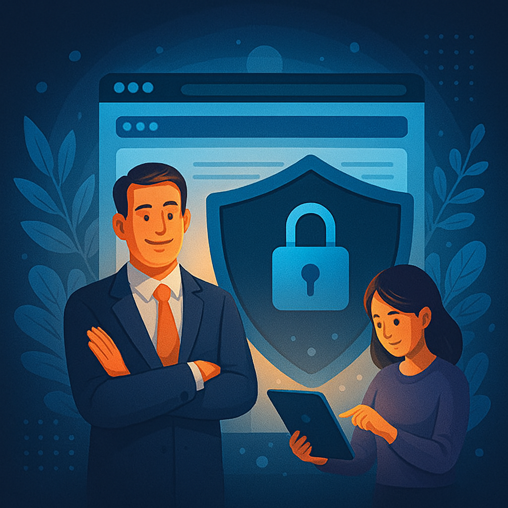 Image of people with a shield and lock behind them depicting we do not collect data