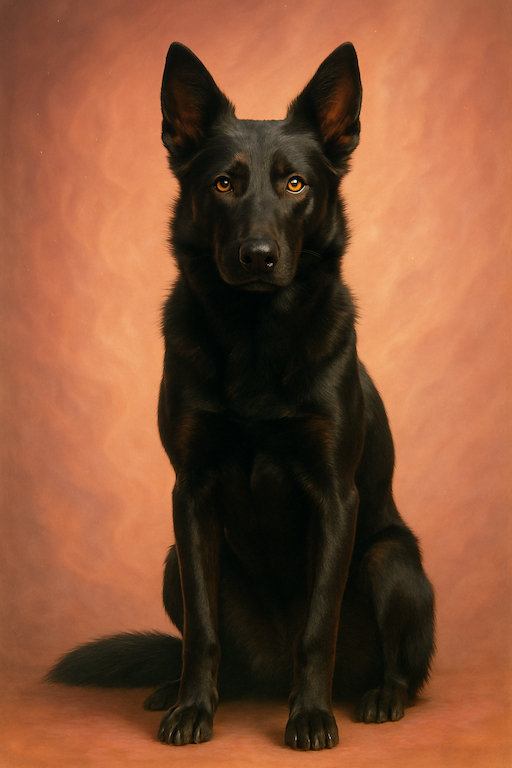 The dog Kona with an orange background