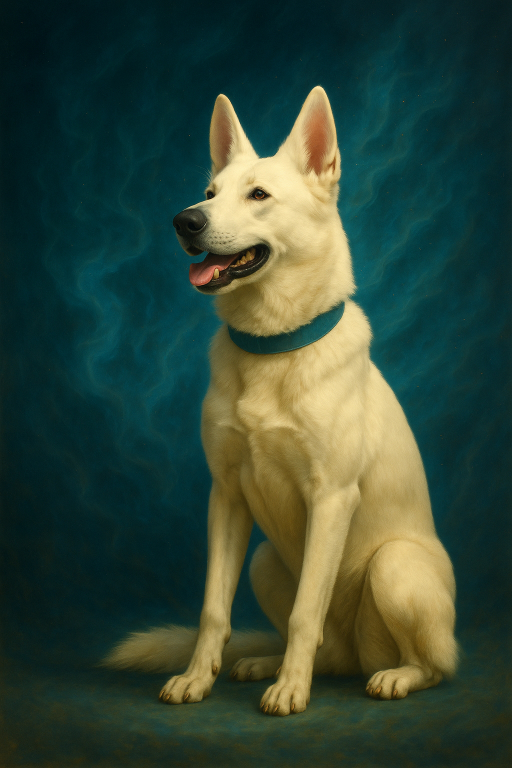 Valor the Dog seated with a blue background