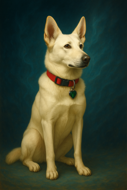 honor the Dog seated with a blue background