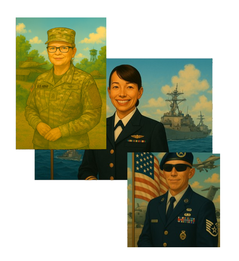 Image of three military veterans in uniform; Army, Navy, and Air Force.