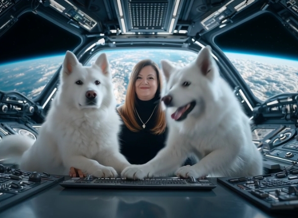 AetherForge CEO sitting between two white dogs in a spaceship with earth in the window behind