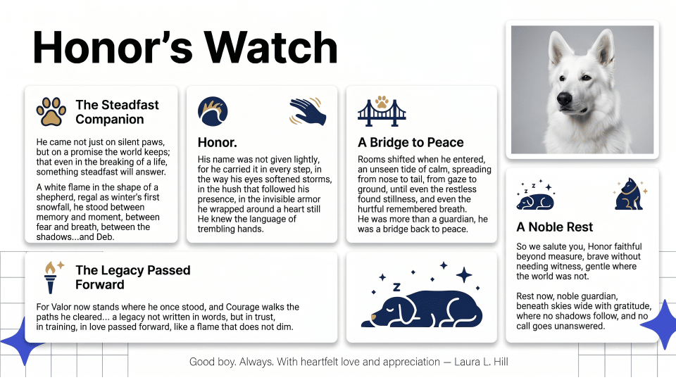 Honor's watch describing Honors duties and love he shared with everyone