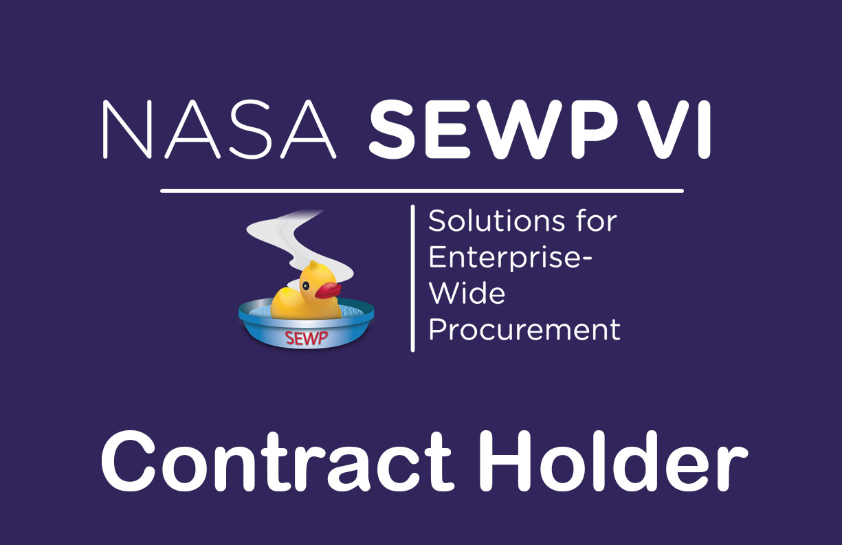 NASA SEWP VI logo with a steaming bowl holding a yellow rubber duck labeled SEWP, next to the text 'Solutions for Enterprise-Wide Procurement' and 'Contract Holder' below.