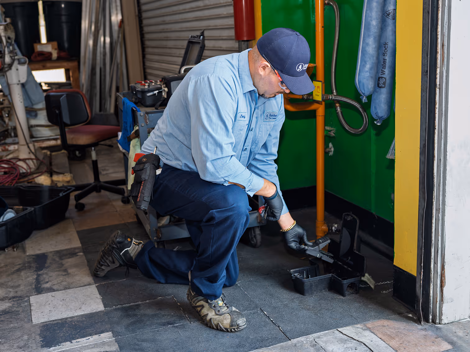 commercial pest control pro checking rodent station