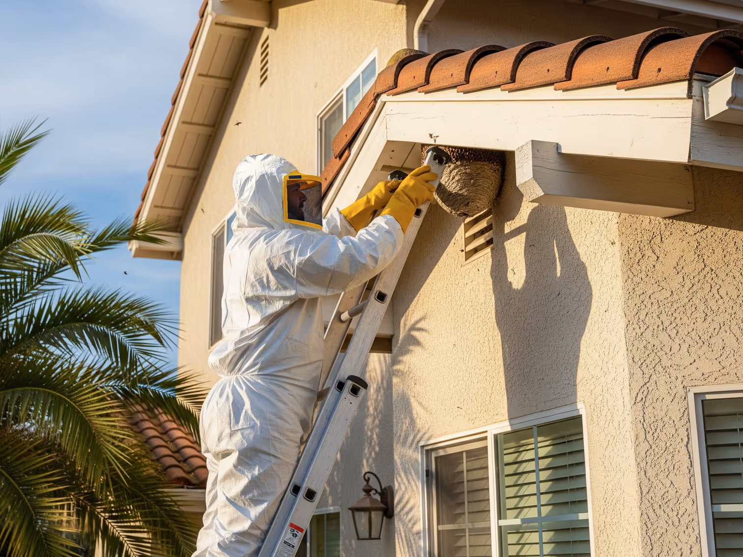 harbor pest control pro removing wasp nest from home
