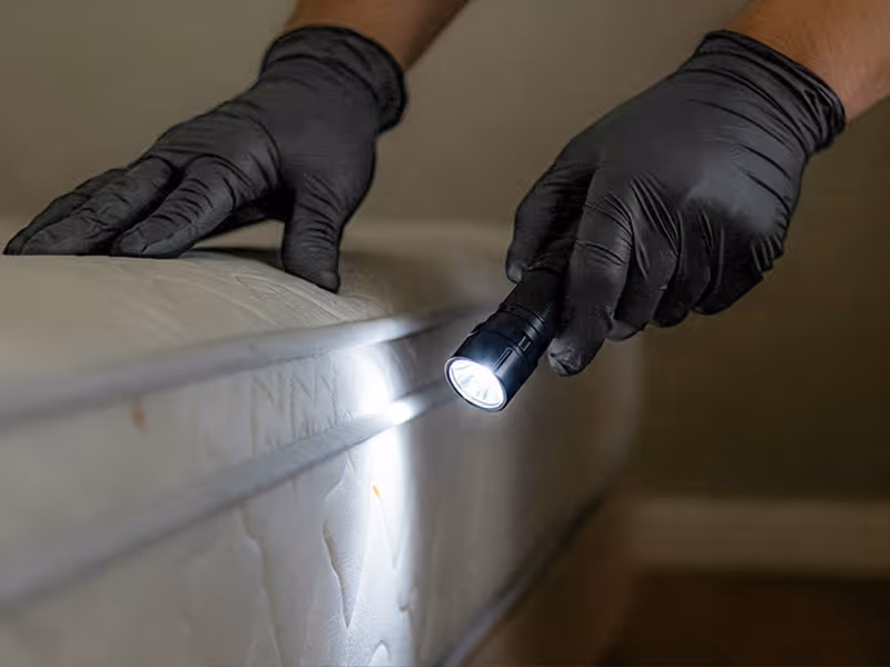 harbor pest control pro inspecting for bed bugs