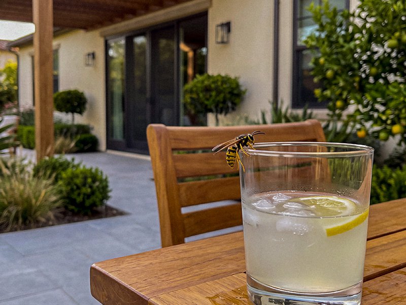 yellow jacket on cup of lemonade