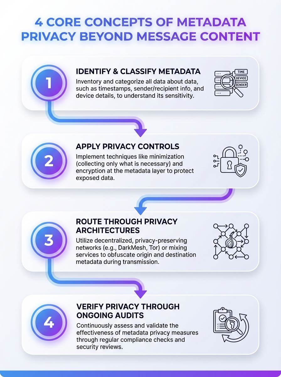 Infographic showing 4 core concepts of metadata privacy and encryption beyond message content (metadata privacy, encryption).