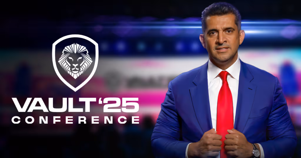 See The Vault 25’ Conference logo and main speaker of the startup event Patrick Bet-David 