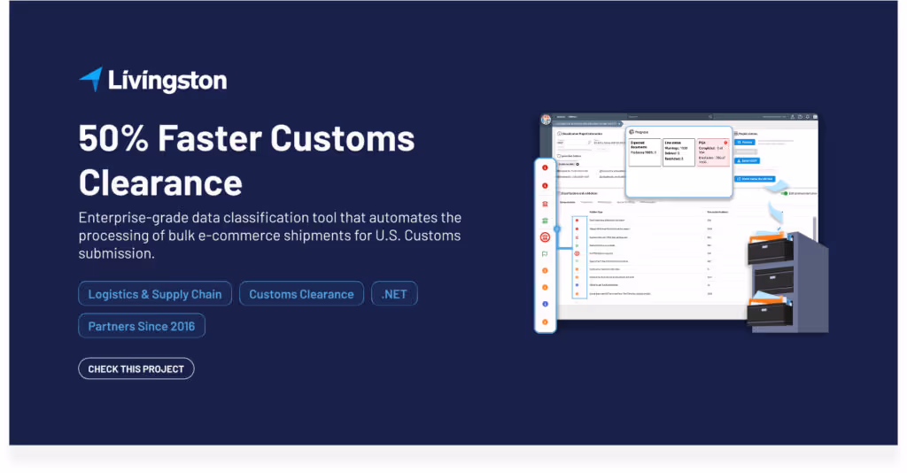 A promotional banner for Livingston, showcasing a customs clearance automation tool. The banner has a dark blue background with white and light blue text. The headline reads '50% Faster Customs Clearance,'