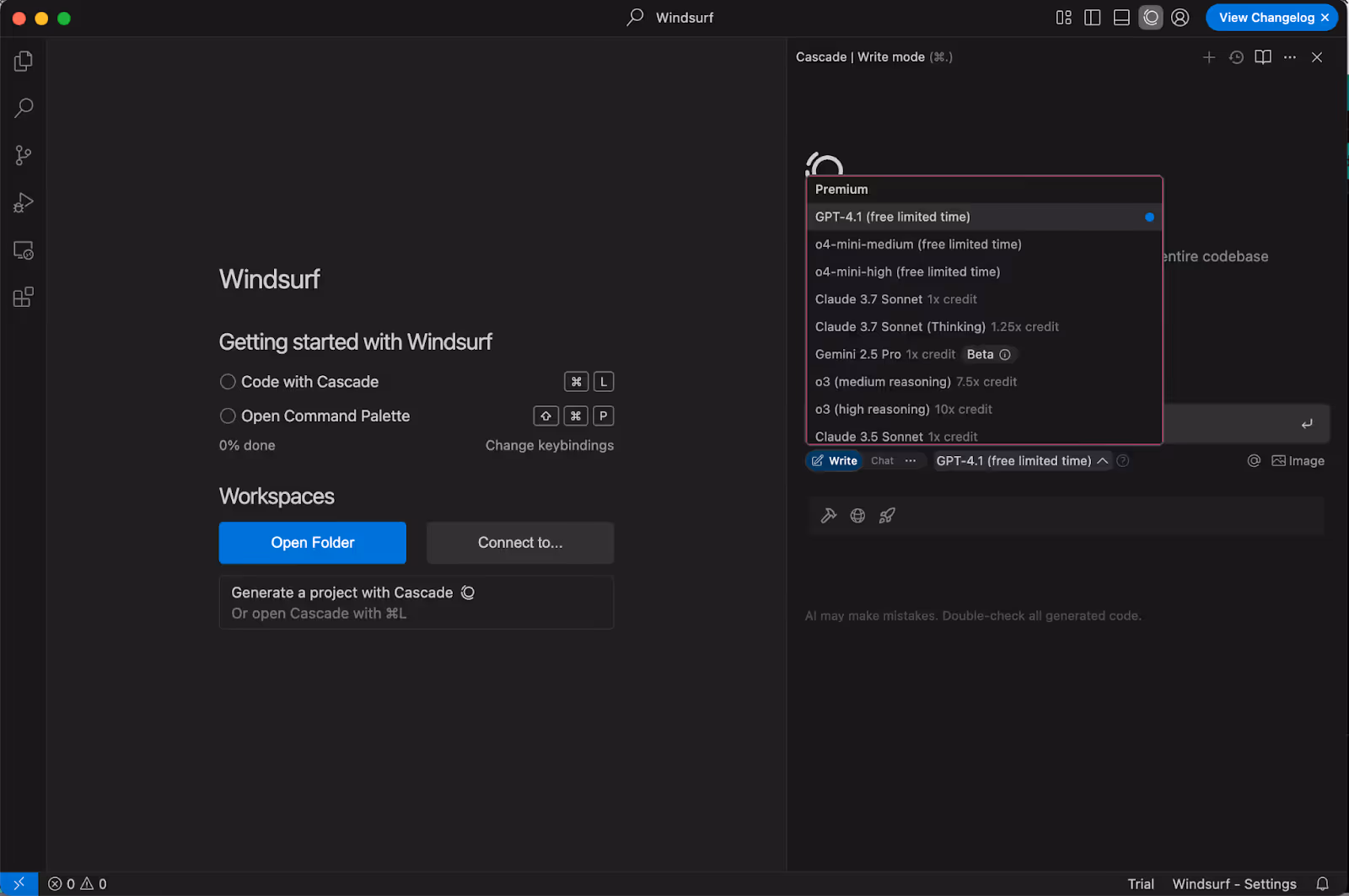 Windsurf Editor user interface with a dropdown menu or selection panel for choosing different AI models. Options include Open AI (ChatGPT), Anthropic (Claude), and Gemini (Google).
