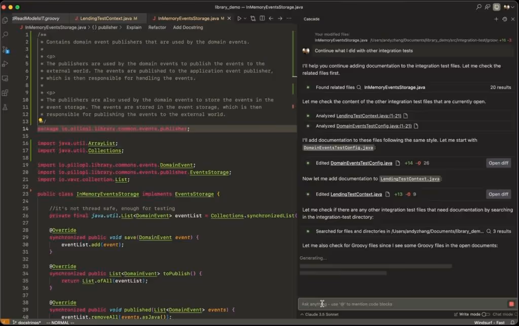 Windsurf Editor user interface with the Cascade AI agent in the sidebar, illustrating how users provide context for AI-assisted coding tasks, in this case, continuing integration tests.