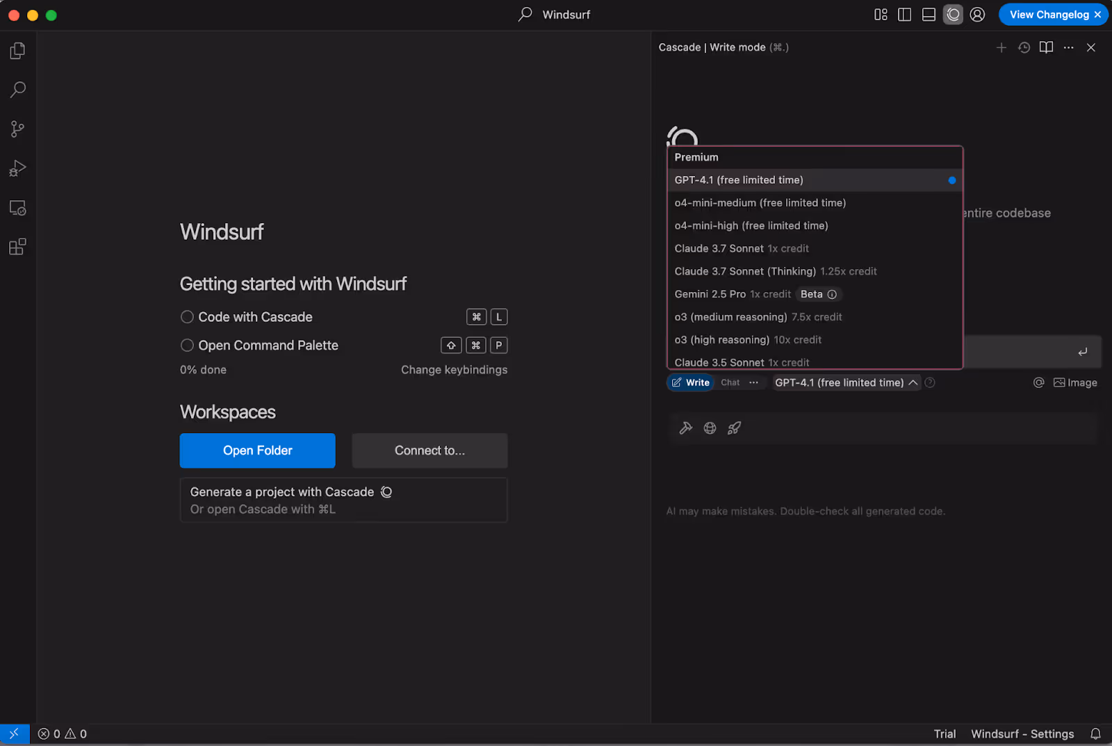 Windsurf Editor interface showing options to select different AI models for coding assistance, including ChatGPT, Claude, and Gemini.