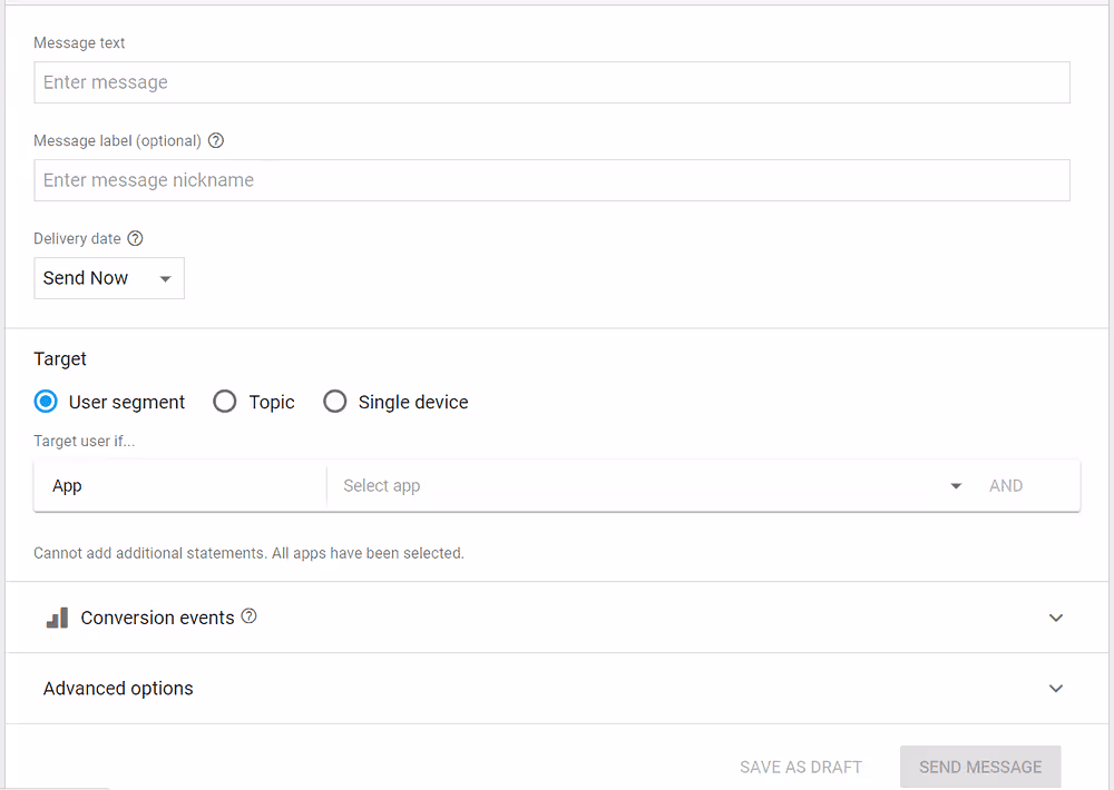 Screenshot of Firebase Cloud Messaging