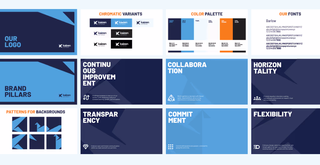 Kaizen Softworks brand book, showcasing the logo, color palette, fonts, and values.