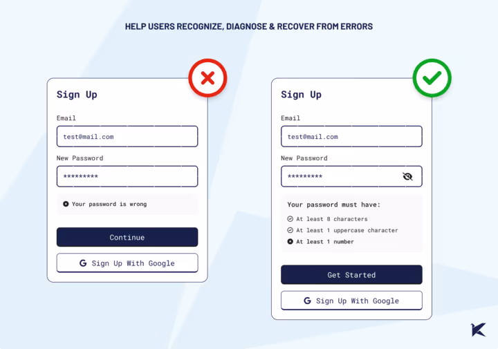 Example of "Help Users Recognize, Diagnose & Recover From Errors" Heuristic: The image compares two app error messages. One is unclear and unhelpful, while the other clearly explains the issue and guides the user to a solution.