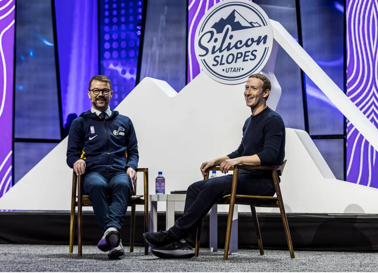 Mark Zuckerberg in a fireside chat at Silicon Slopes Summit in Utah, featured as a top 2026 tech startup event for AI founders and high-level networking.
