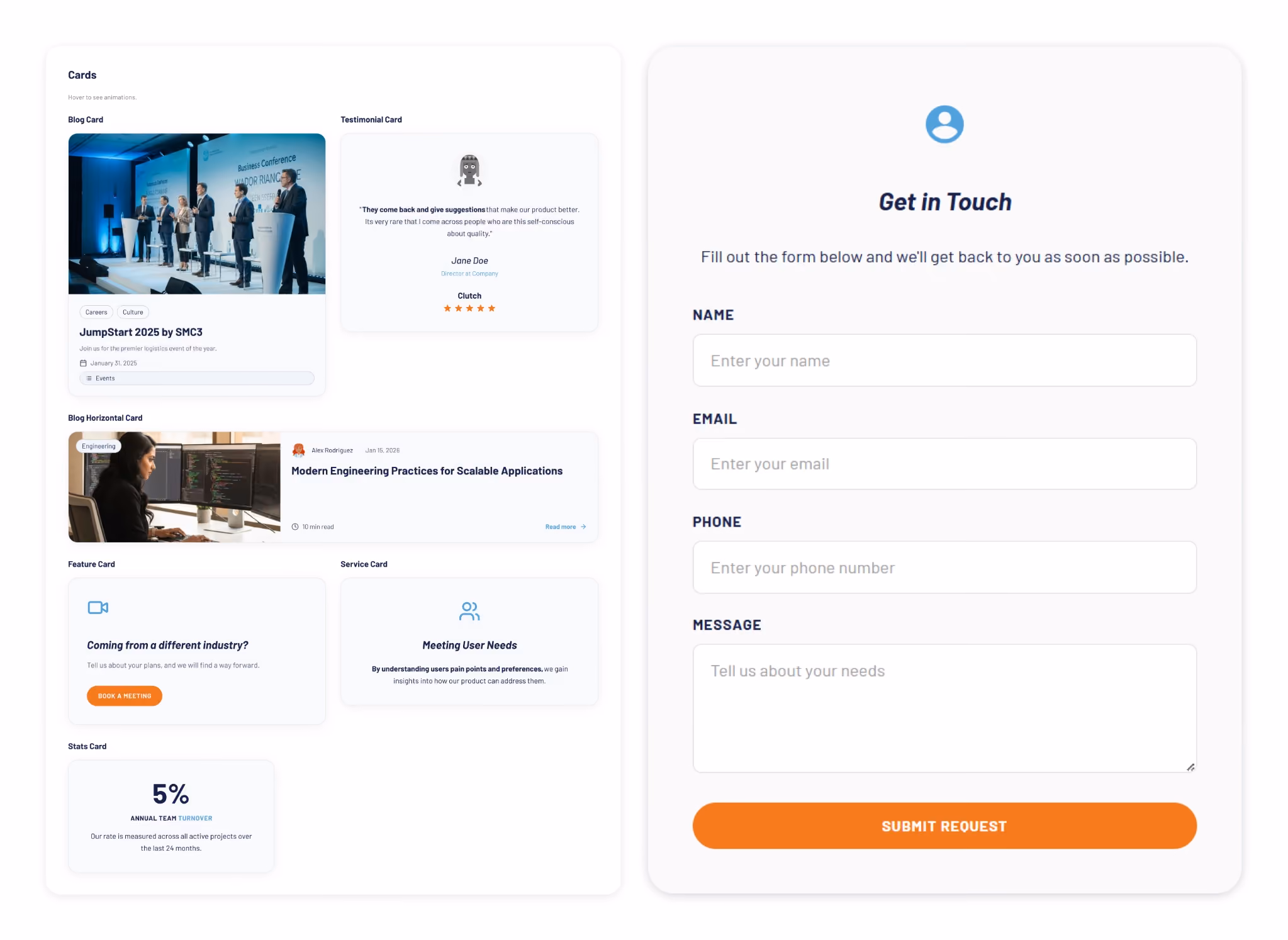 UI component library preview with cards, testimonials, service blocks, statistics, and a contact form for a modern software development website.