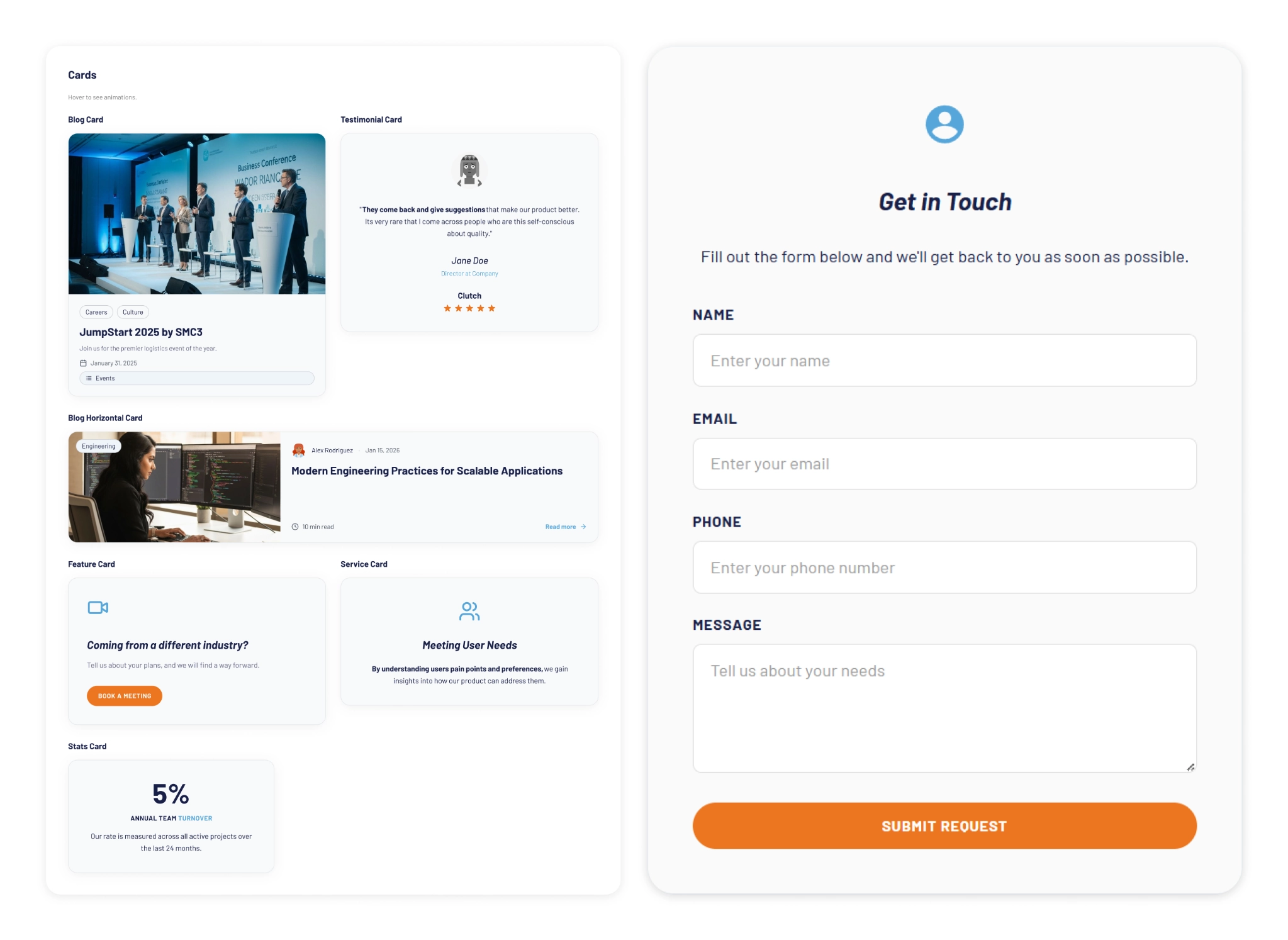 UI component library preview with cards, testimonials, service blocks, statistics, and a contact form for a modern software development website.