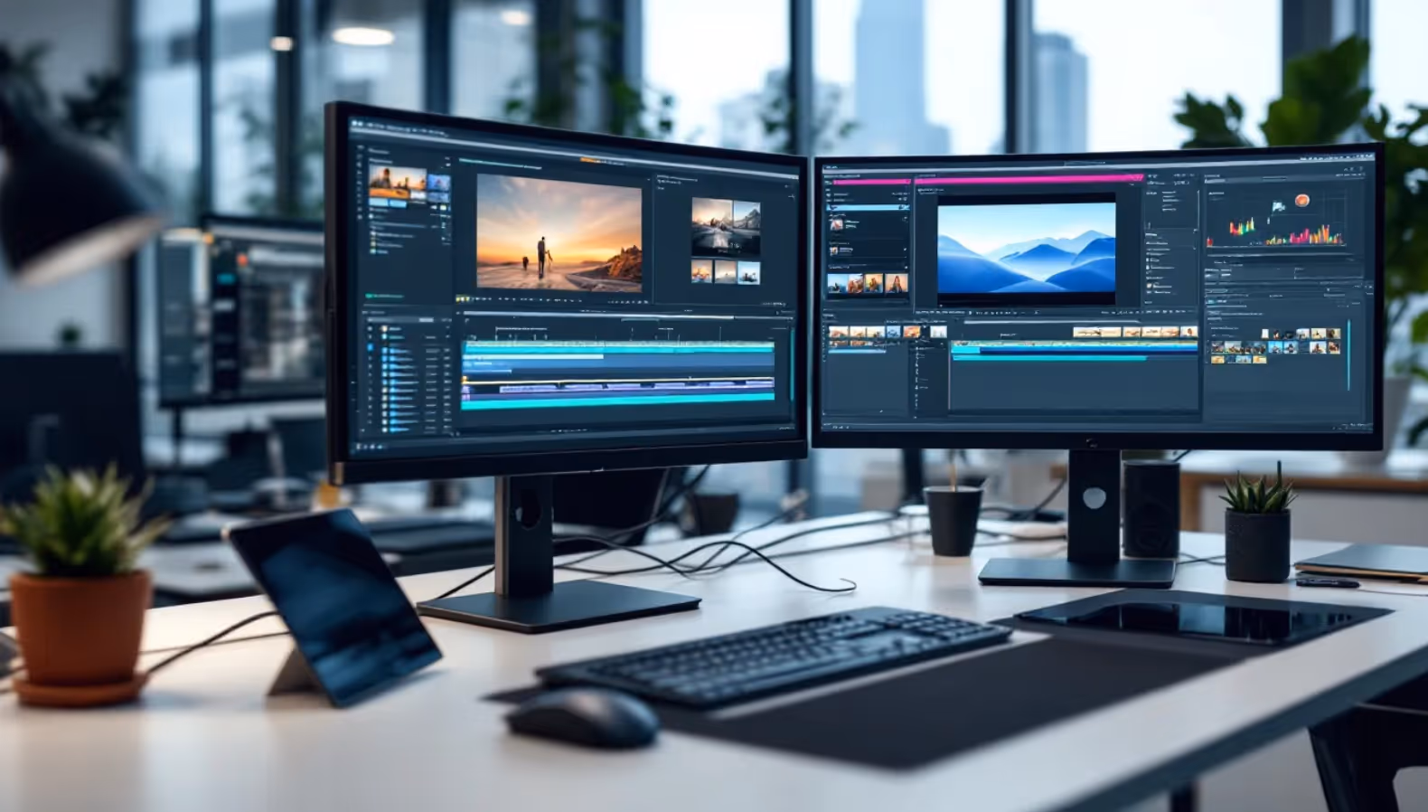 Freelance video editor multitasking with client notes and editing software on monitors.