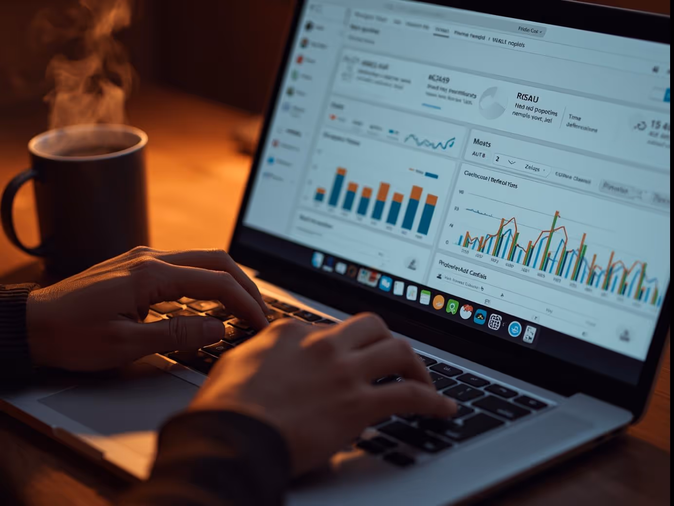 Hands typing on laptop with Google Ads dashboard open.