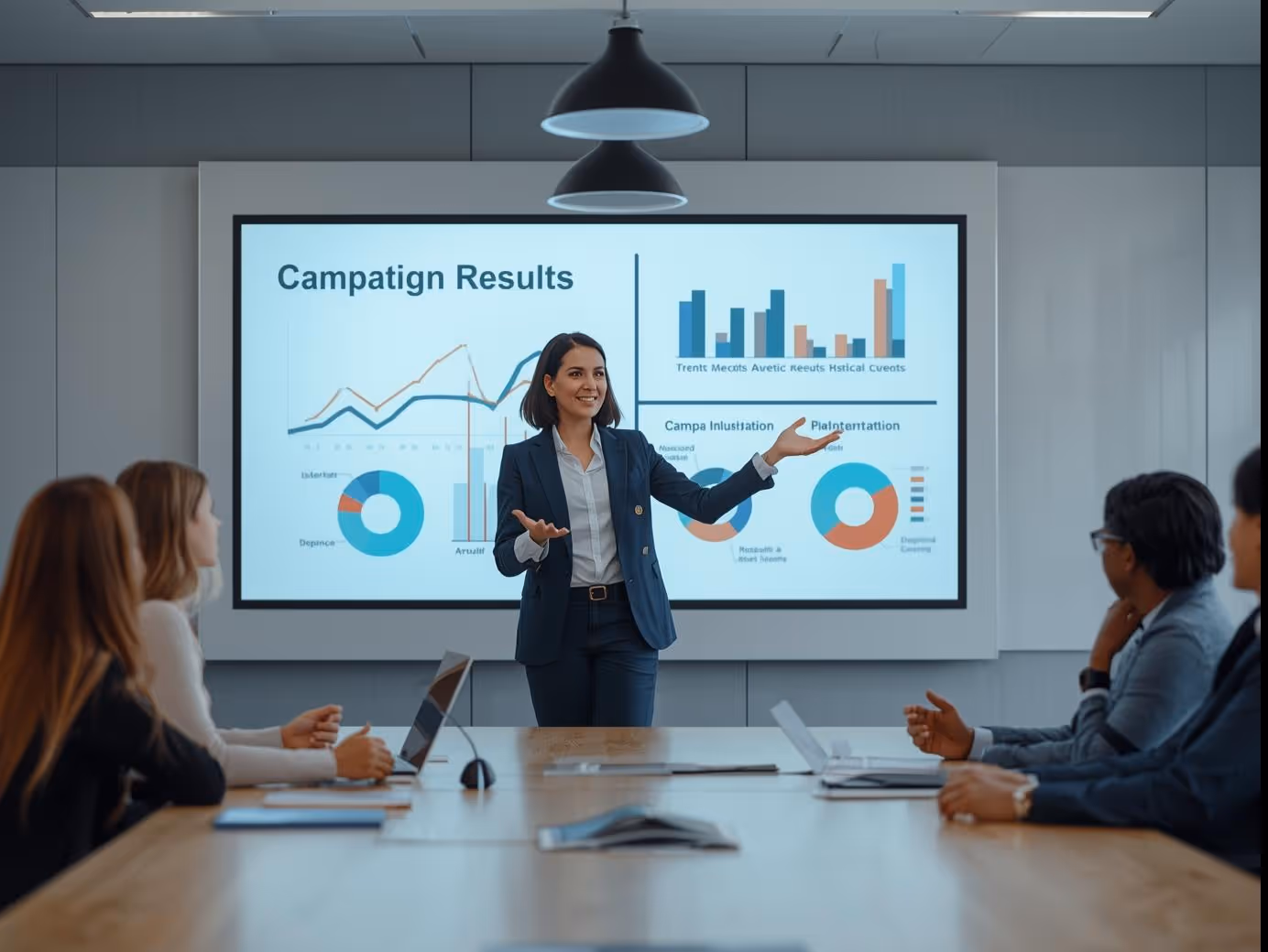 Marketer presenting Google Ads campaign results in meeting.
