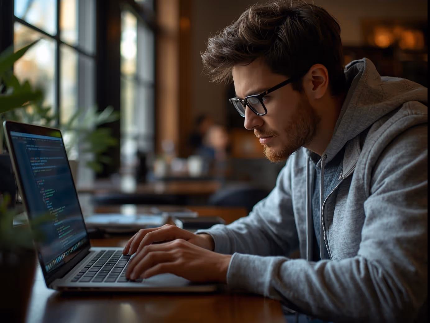 Web developer coding on a laptop in a bright café environment.
