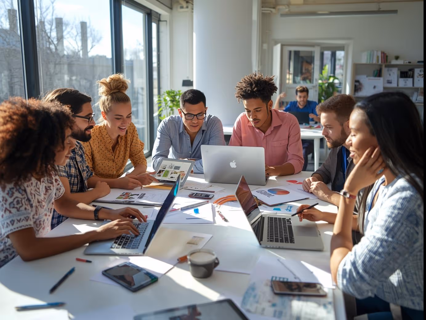 Team reviewing graphic design portfolios during hiring meeting in modern office