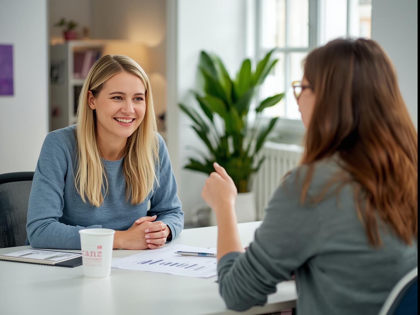 Startup founder interviewing freelance graphic designer for brand project
