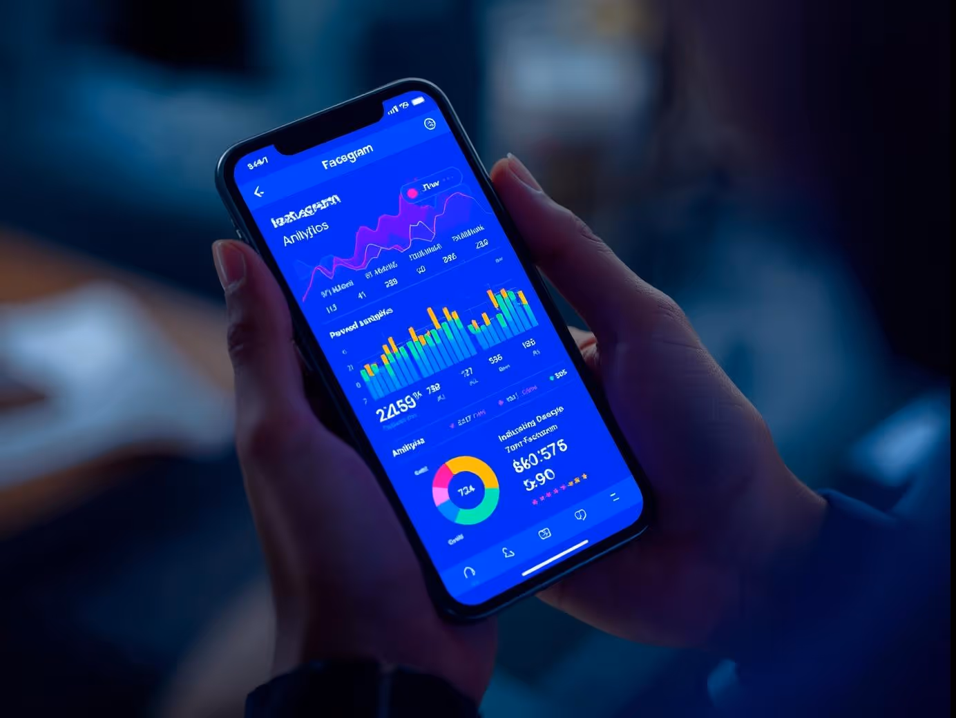 Professional analyzing Facebook and Instagram metrics on smartphone.
