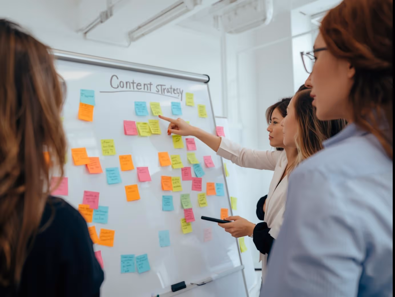Marketing team planning content strategy with sticky notes.