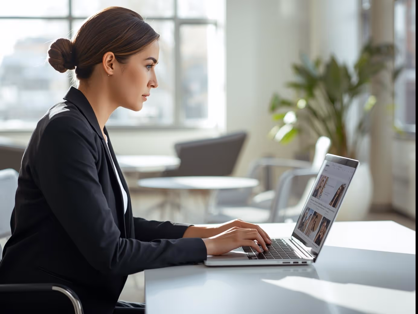 Community manager engaging with online members in a coworking office