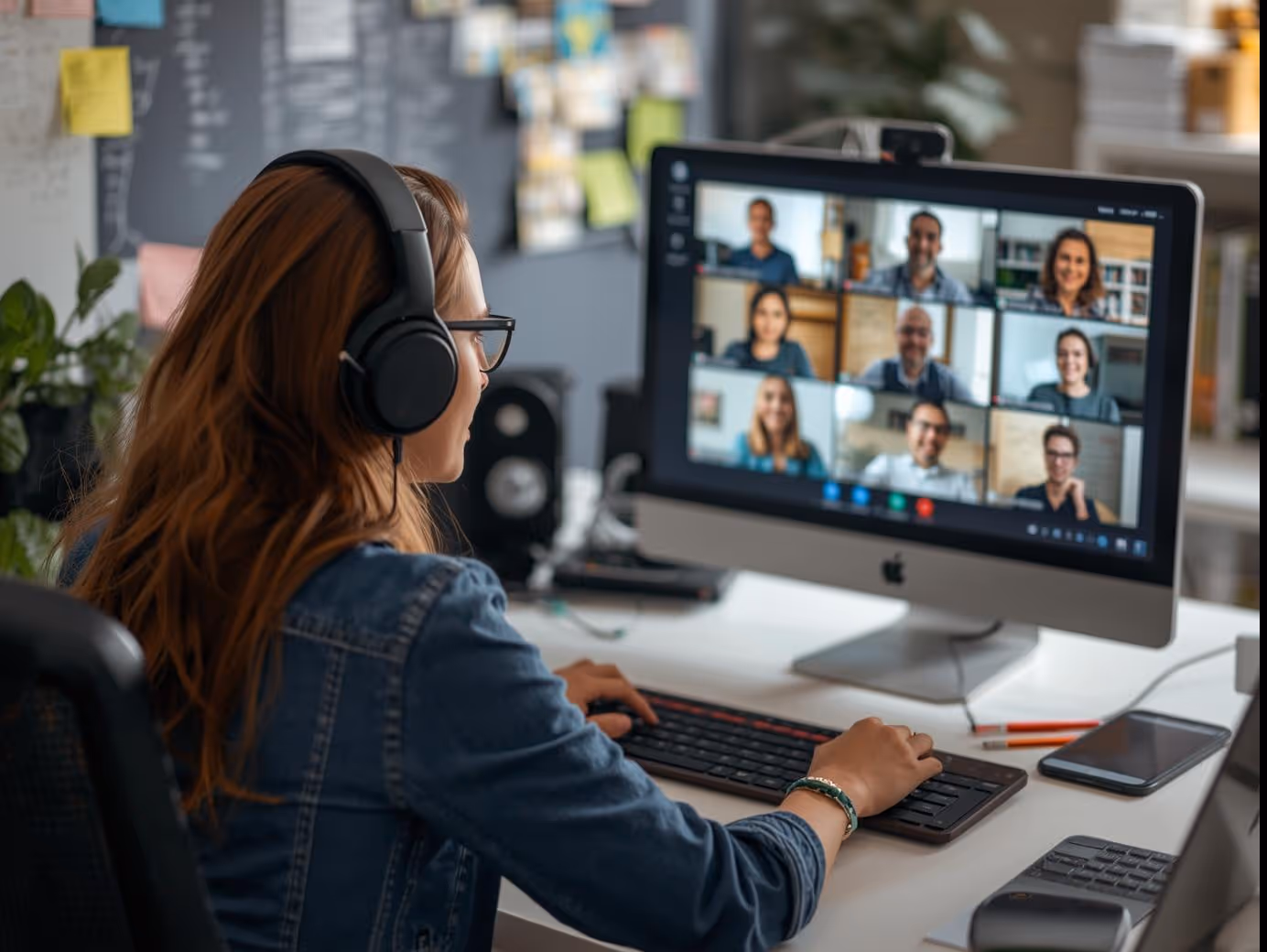 Remote community manager collaborating with global team via video call