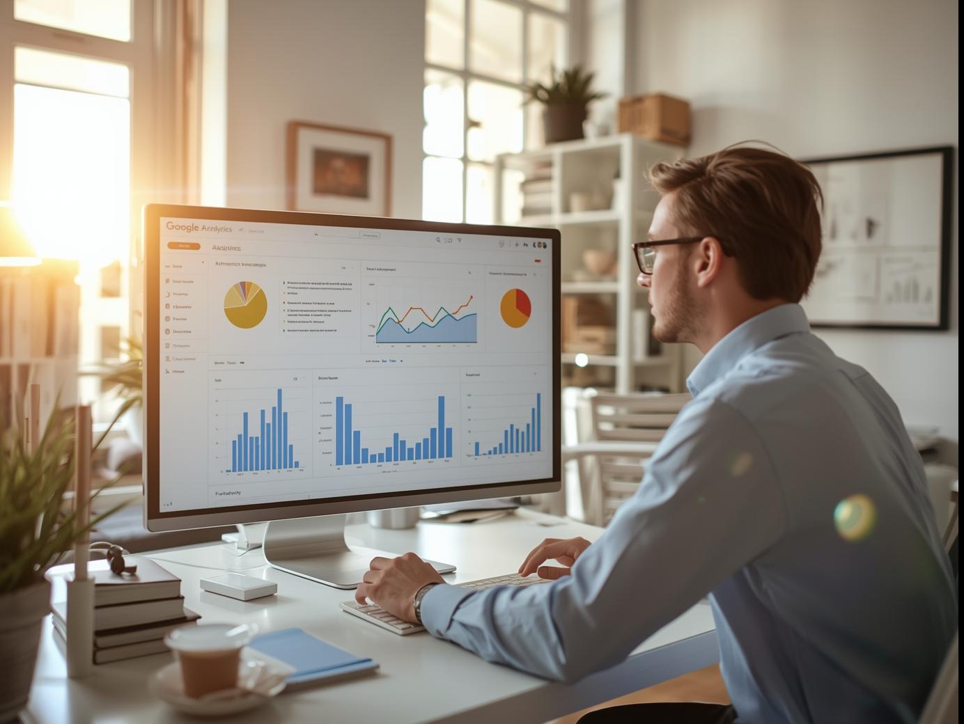 Professional analyzing Google Analytics dashboard for marketing insights at home office.