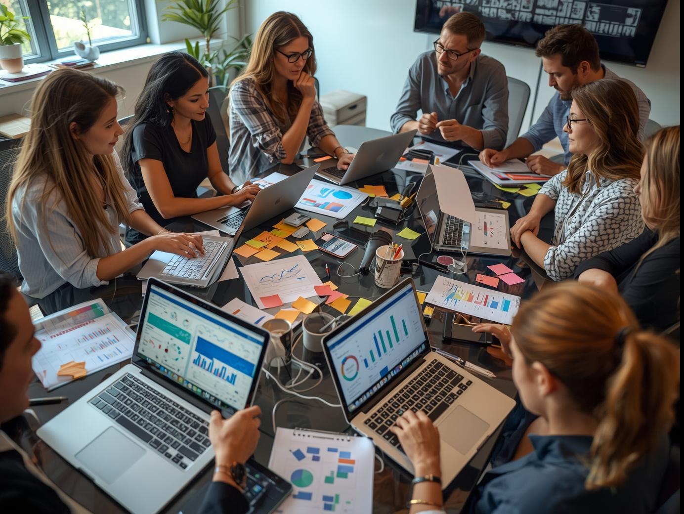 Diverse marketing professionals collaborating on digital marketing strategy in office.