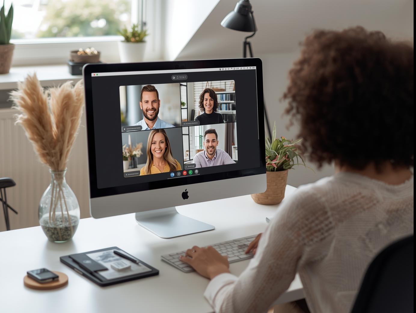 Remote marketer on video call with recruitment agency from home office.