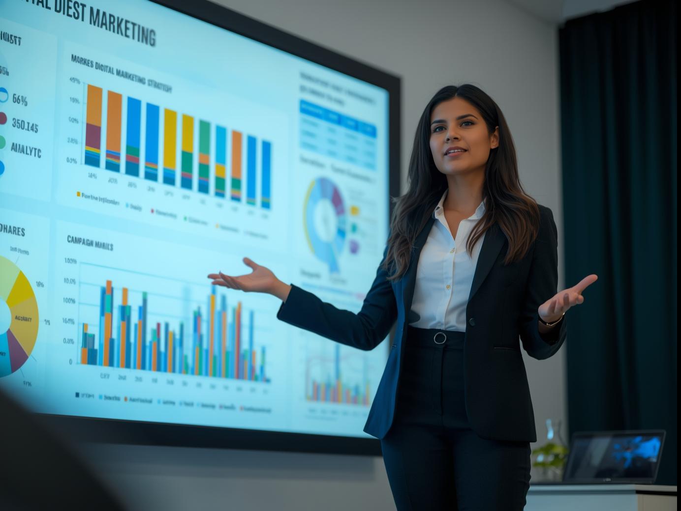 Digital marketing talent presenting strategy and campaign analytics to a business team.