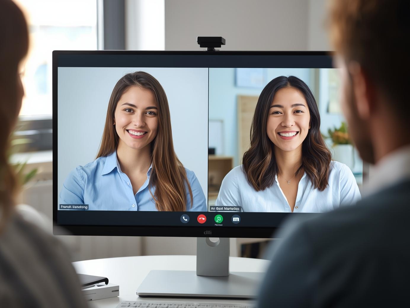 Business owners hiring a marketing freelancer through video call to discuss campaign strategy.