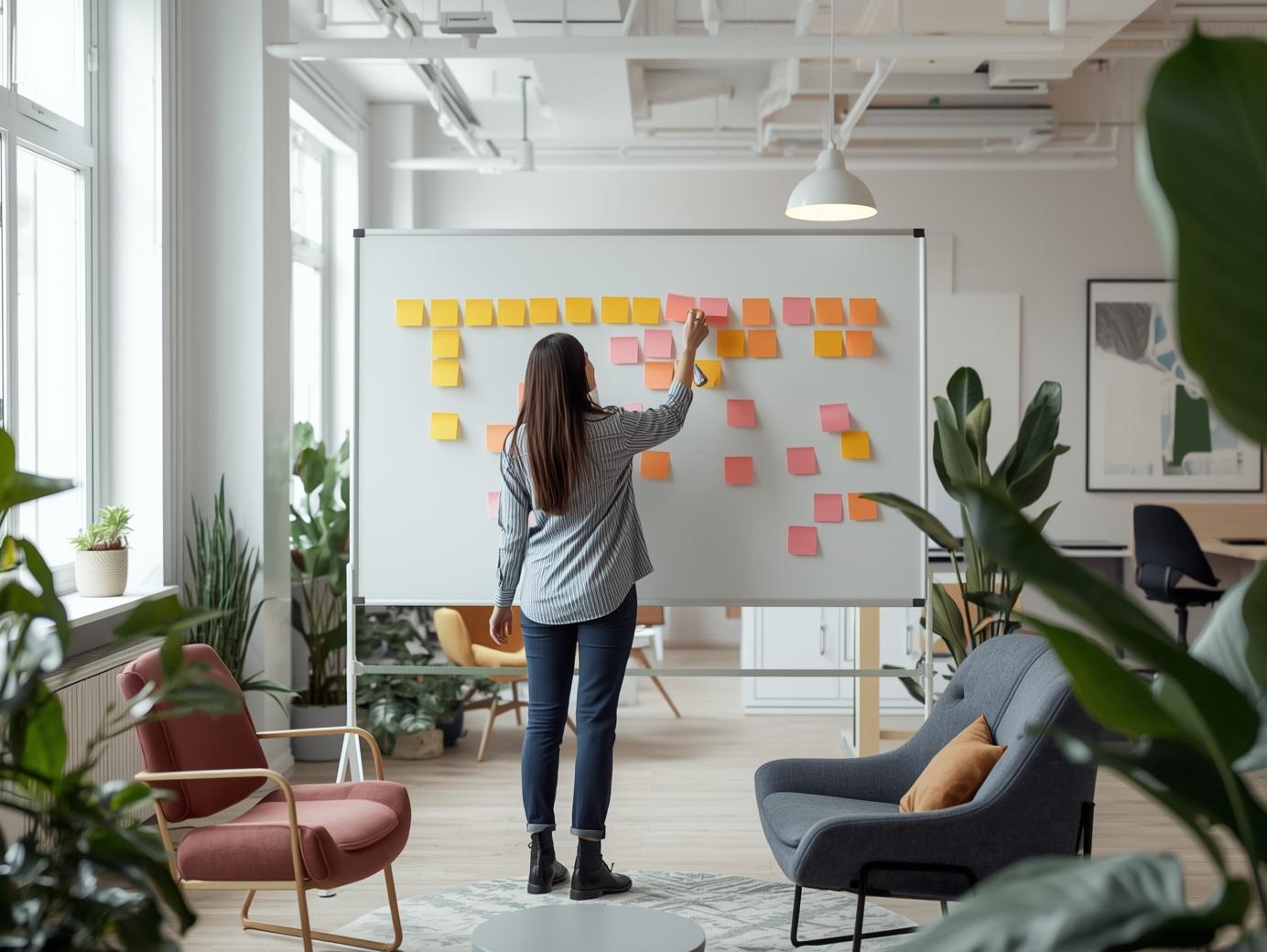 Marketing freelancer planning content creation strategies with sticky notes in office.