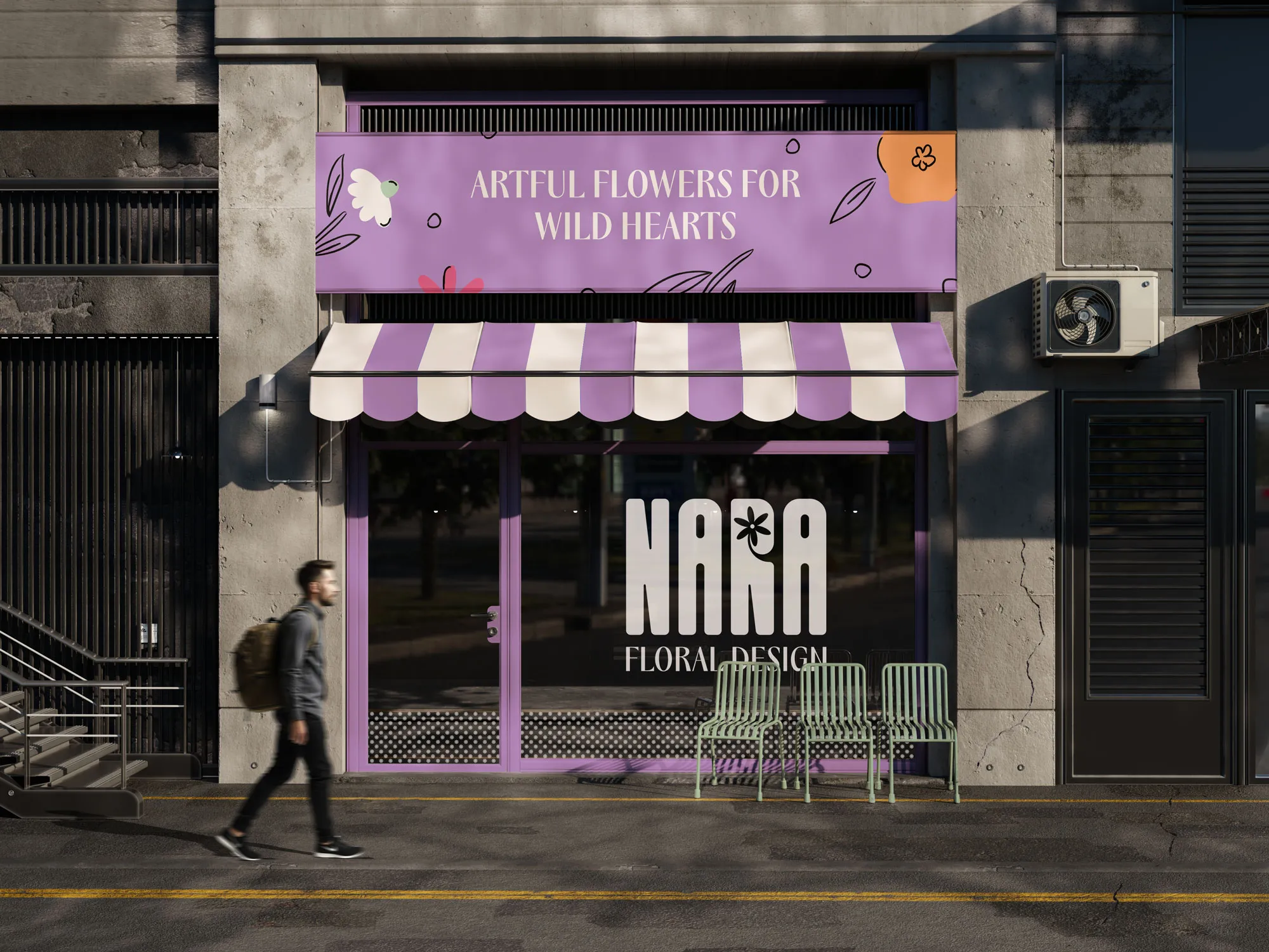 Storefront of NARA Floral Design with a purple and white striped awning, purple signage reading 'Artful Flowers for Wild Hearts,' and a man walking by on the sidewalk.