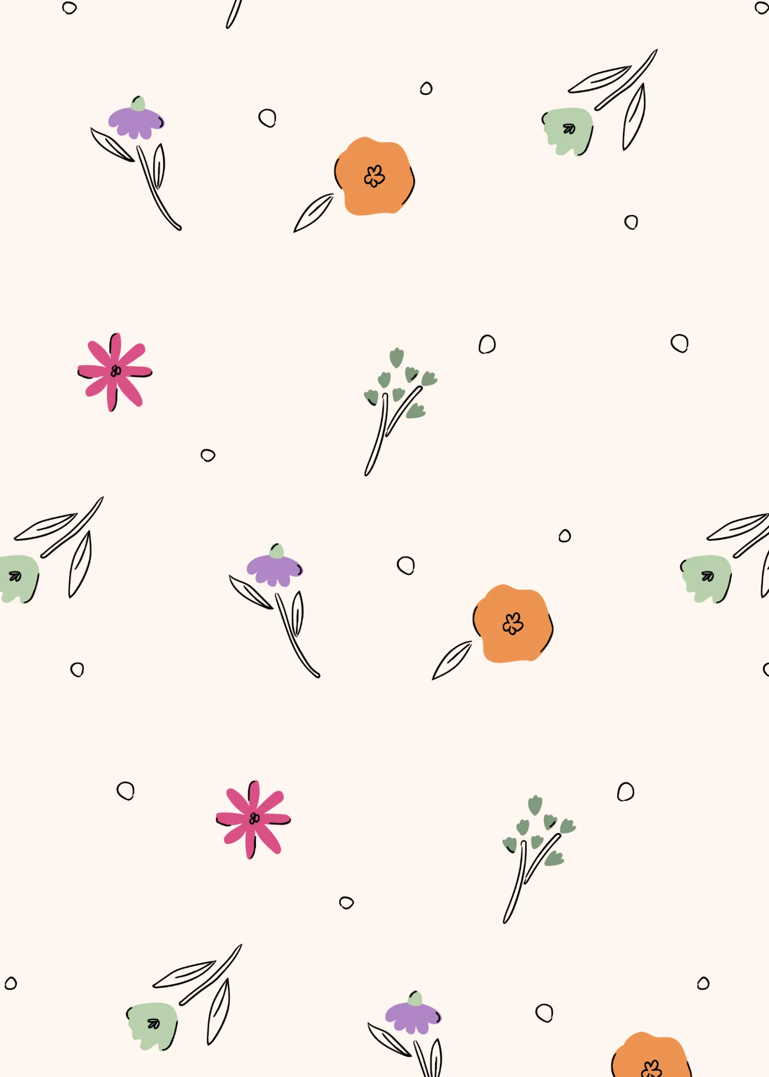 Seamless pattern of simple hand-drawn flowers in pink, orange, purple, and green with black outlines on a pale background.