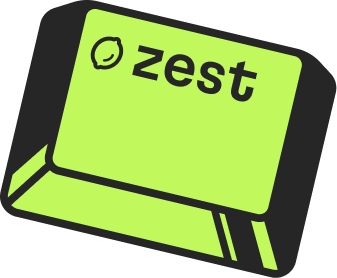 Green ticket with a lemon icon and the word 'zest' on a dark background.
