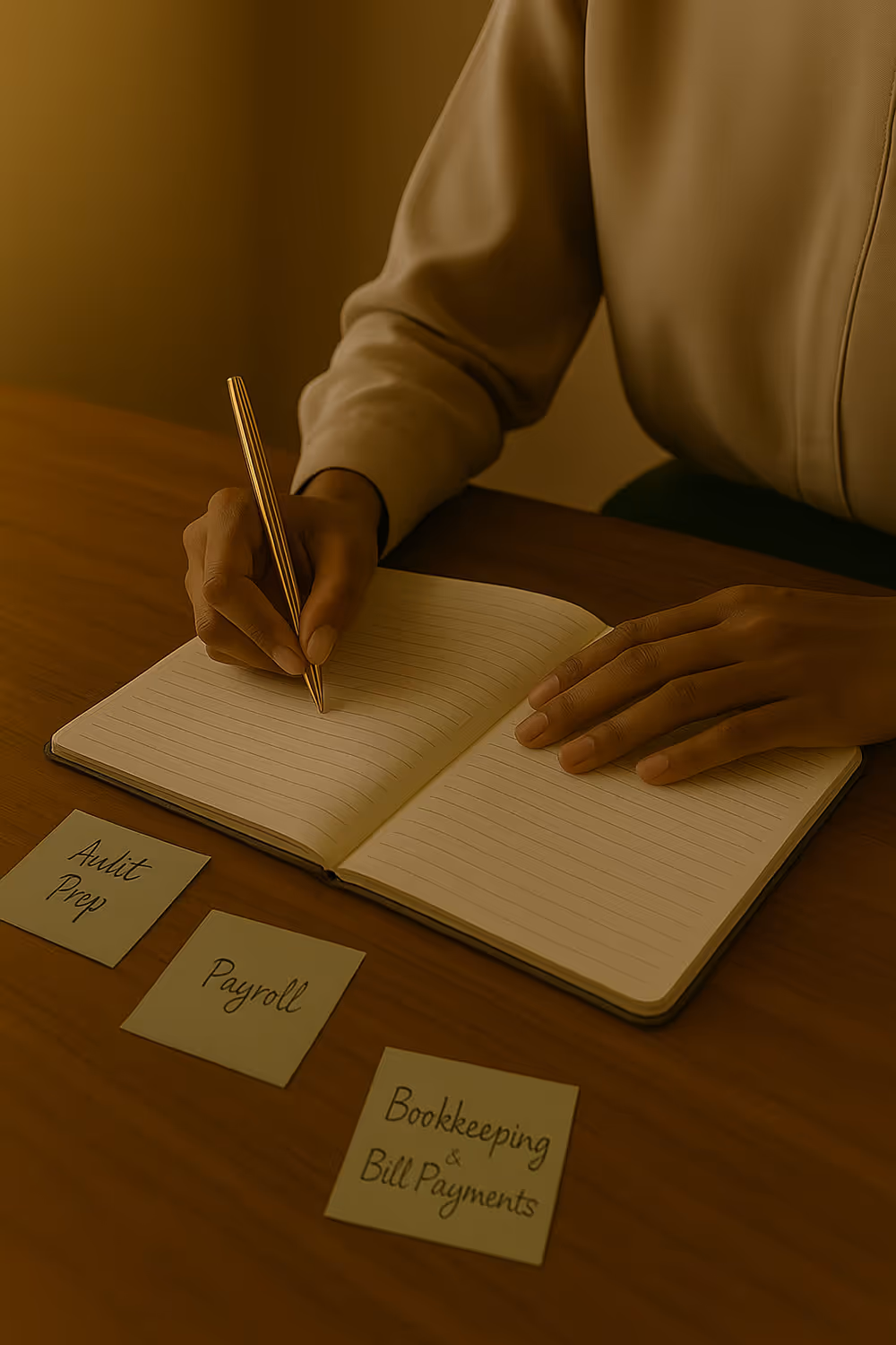 Person writing in a lined notebook on a wooden table with sticky notes labeled Audit Prep, Payroll, and Bookkeeping & Bill Payments.